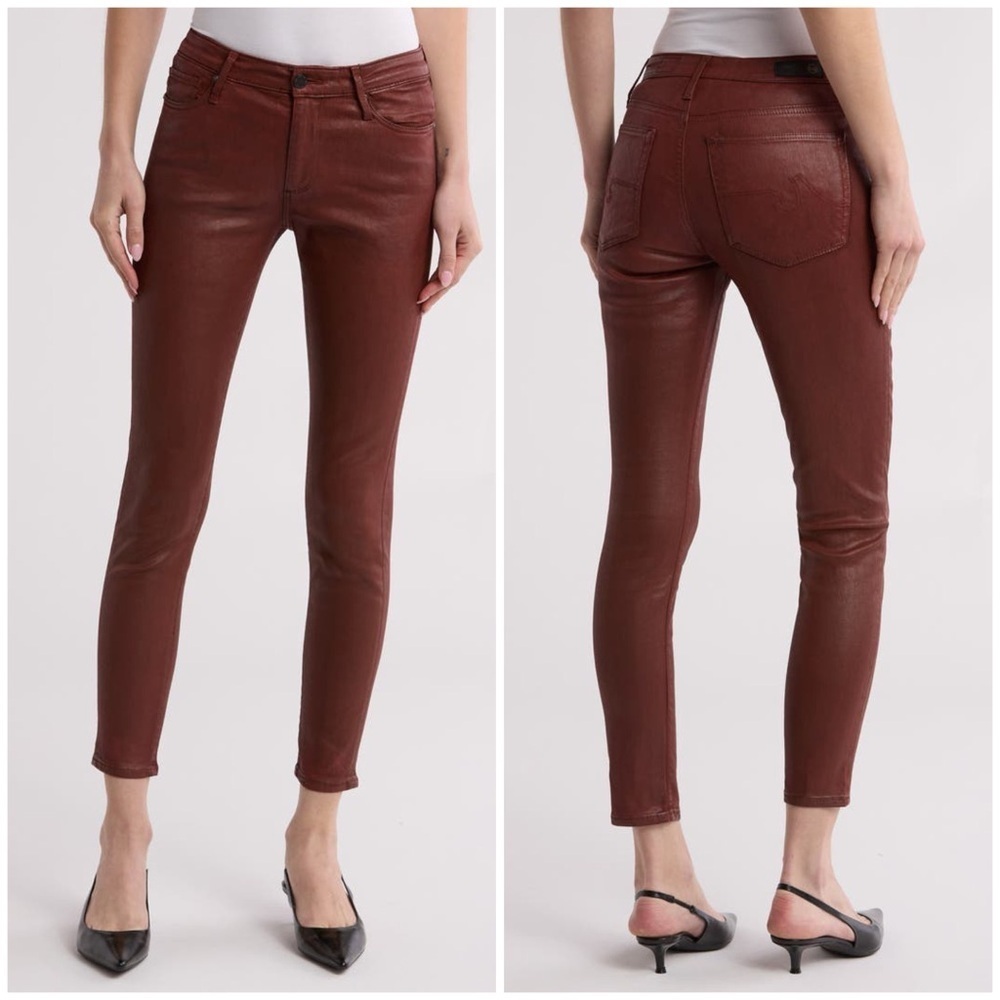 New AG Adriano Goldschmied Farrah Skinny High Rise Coated Jeans Dark Hibiscus 30